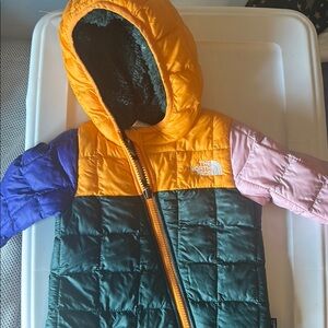 The North Face Colorblock Hooded Puffer Jacket - Yellow, Green, Purple, Pink